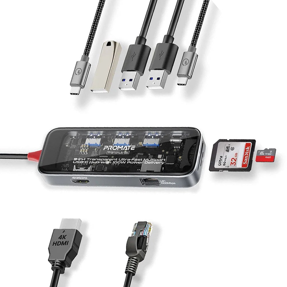 Promate TransHub-Go 9-in 1 Transparent Ultra-Fast Multiport USB-C Hub with 100W Power Delivery Promate TransHub-Go 9-in 1 Transparent Ultra-Fast Multiport USB-C Hub with 100W Power Delivery